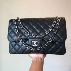 CHANEL Classic Handbag  Grained Calfskin & Silver-Tone Metal  Black