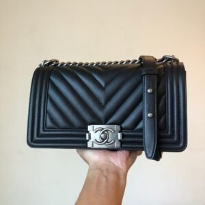 BOY CH@NEL Medium V Handbag   Grained Calfskin & Silver-Tone Metal  Black